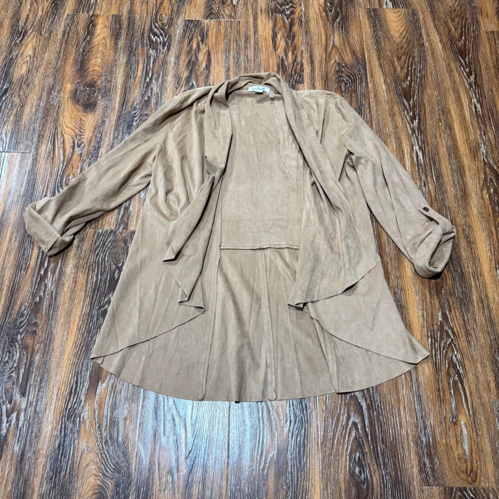 Simply Noelle Tan Faux Suede Waterfall Open Front Roll Tab Cardigan Jacket L/XL